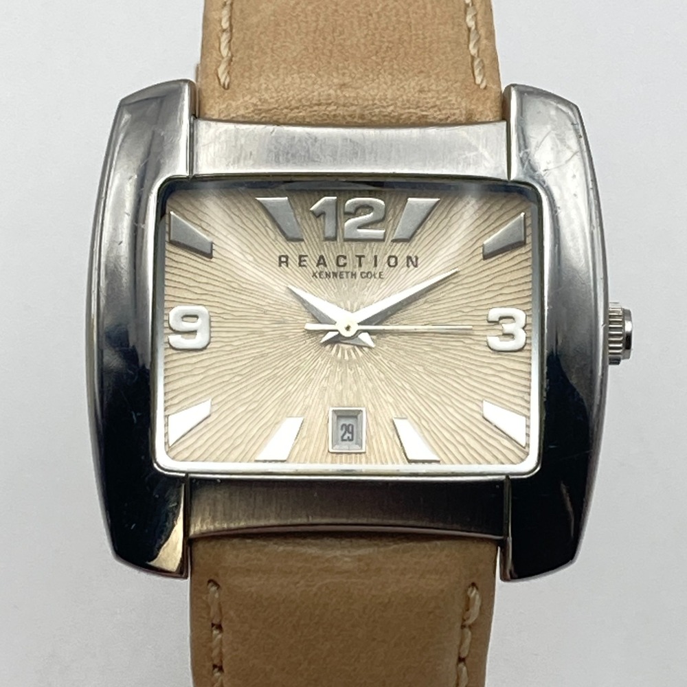 Kenneth Cole Reaction Women's Watch 37mm Silver Tone Date Beige New Battery 8.5"